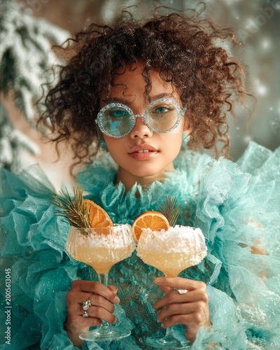 Stylish Woman Holding Two Festive Cocktails at Glamorous Winter Party