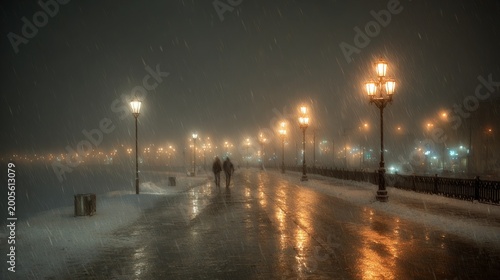 Snowy City Promenade at Night with Glowing Street Lights and Wet Reflections
