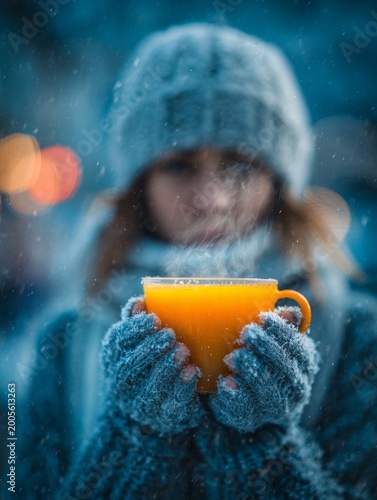 Woman Holding Steaming Mug on Cold Winter Evening