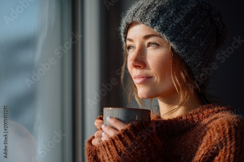 Cozy Young Woman Holding Hot Drink and Looking Through Window on Winter Morning