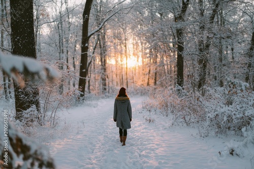 Woman Walking Alone Through Snowy Winter Forest at Peaceful Golden Sunset