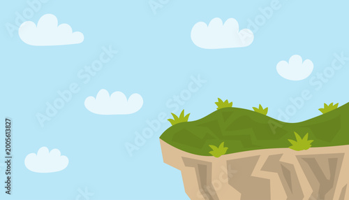 Photos Grassy cliff edge overlooking a blue sky with clouds in a flat cartoon style
