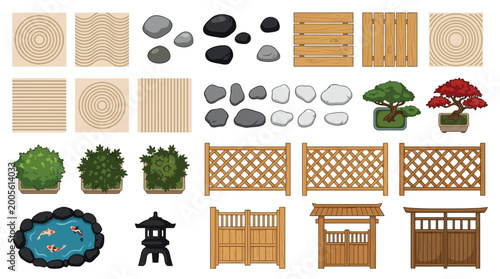 Landscape design elements decoration isolated set. Top view park items. Public furniture outdoor relaxing chair, bench and umbrella. Gardens trees and water pool.