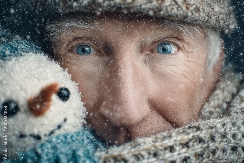 Close Up Portrait of Elderly Man with Snowman During Winter Snowfall