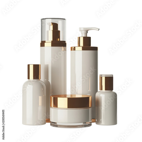 elegant luxury skincare bottles and jars set with gold accents isolated on transparent background