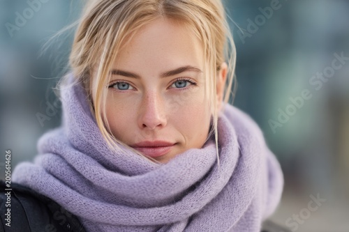Beautiful Blonde Woman Wrapped in Soft Lavender Scarf During Winter