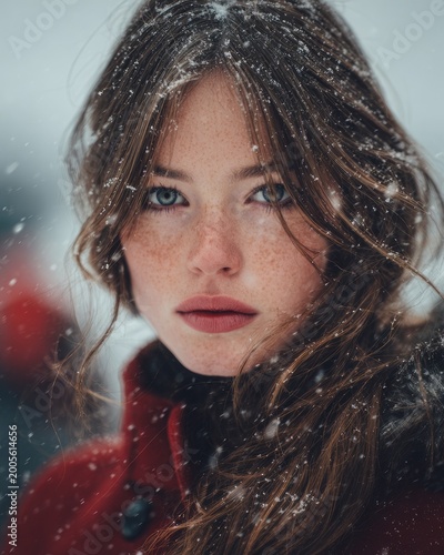 Close Up Portrait of Young Freckled Woman During Winter Snowfall