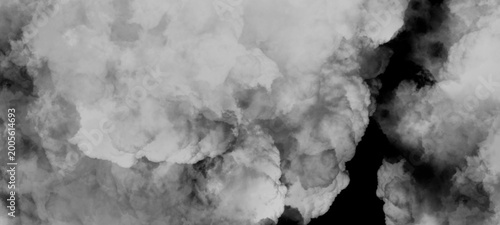 Fotografie Dense clouds of white smoke swirling dramatically in black abyss, abstract background, ethereal texture, light and shadow contrast, dynamic motion, conceptual digital art
