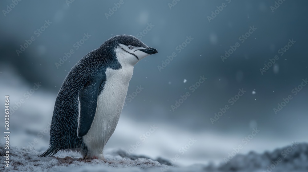 Obraz premium Penguin standing on snow covered ground, cold winter wildlife scene with icy environment and natural habitat