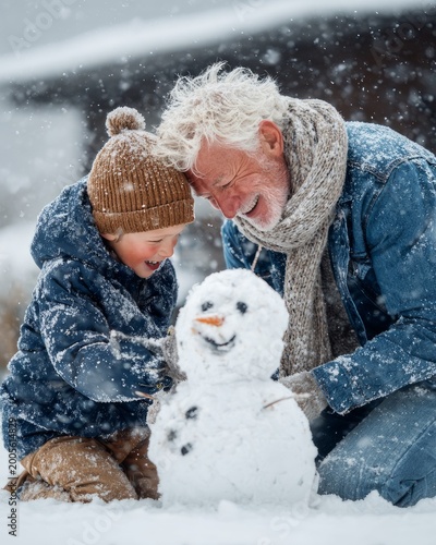 Grandfather and Grandson Building Snowman Together on a Snowy Winter Day