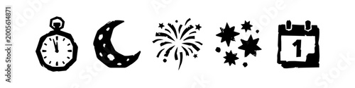 New Year Celebration Silhouette Icon Set including Clock approaching Midnight, Crescent Moon, Fireworks, Stars, and January 1 Calendar in Linocut Style