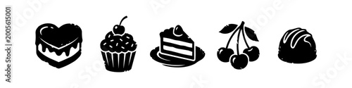 Collection of Minimalist Dessert and Pastry Icons featuring Cupcake Cake Slice Cherries Heart Cake and Chocolate Truffle Black Silhouette Vector Graphics