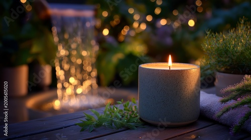Spa mood candle with spring water in an evening garden, calm peaceful ambiance with soft bokeh lights, relaxing wellness and serene nature concept