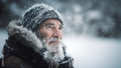 Elderly Man Enjoying Peaceful Winter Day During Snowfall
