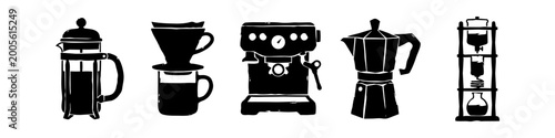 Canvas Print Set of Minimalist Black Silhouettes of Coffee Brewing Equipment including French
