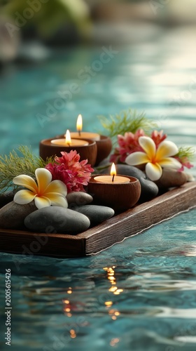 Relaxing spa mood with a wooden tray floating in a pool, candle, flowers, and smooth black stones creating a serene wellness and luxury atmosphere