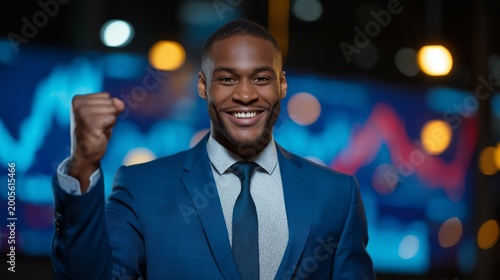 Businessman smiling and raising fist in success with rising business graph, confident expression and upward trend symbolize achievement, growth and financial success