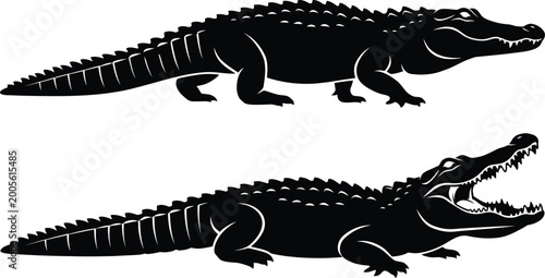 Two black silhouette alligator illustrations one calm one roaring
