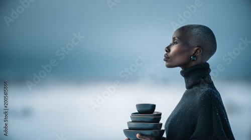 Elegant Woman Holding Ceramic Bowls in Serene Winter Landscape