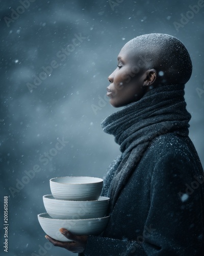 Elegant Woman Holding Ceramic Bowl in Snowy Winter Atmosphere