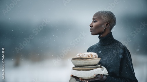 Elegant Woman Holding Artisan Bread and Ceramic Bowls in Snowy Winter Landscape