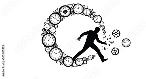 Man running from clocks and clockwork gears in a circular motion vector illustration design