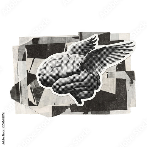Surreal Halftone Brain with Wings Absurdist 90s Zine Cutout Design Asset PNG