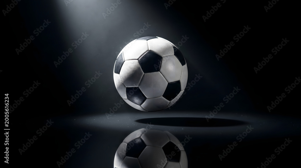 Naklejka premium A classic black and white soccer ball, dramatically illuminated by a powerful spotlight, levitates above a dark, reflective surface, creating a striking and minimalist sports visual