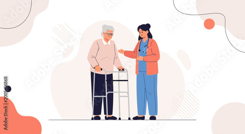 Nurse assisting elderly woman with walker, healthcare and support concept