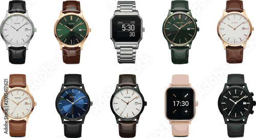 Elegant Wristwatch Collection with Luxury Analog and Digital Watches in Classic and Modern Styles for Fashion Accessories and Timepiece Illustration Design