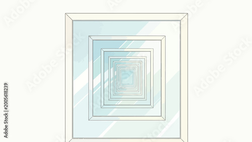 Minimalist Recursive Nested Square Framed Mirror Optical Illusion, Infinite Droste Tunnel Depth Effect, Subtle Glass Reflections, Soft Pale Blue And Cream Off-White Clean Geometric Art