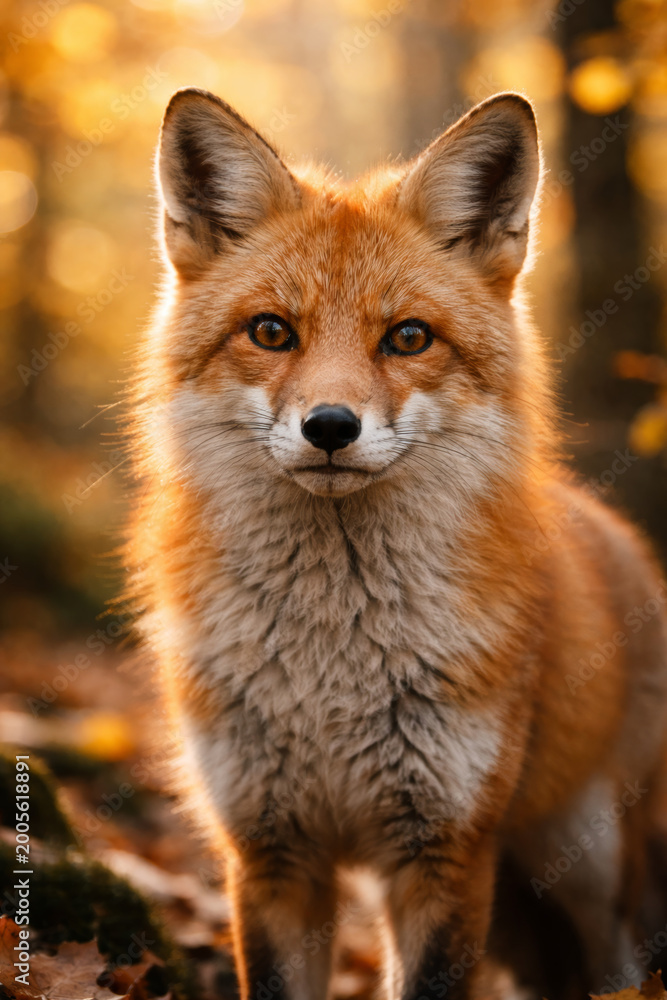 Fototapeta premium Close-up of a fox in autumn forest with soft light