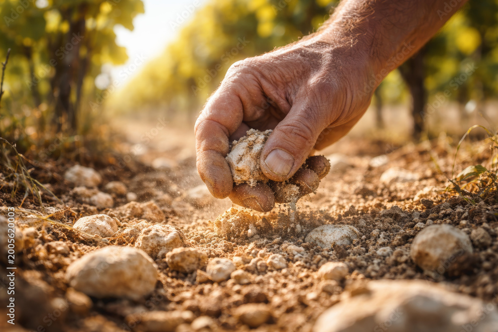 Naklejka premium Close-up of a hand inspecting soil in a vineyard