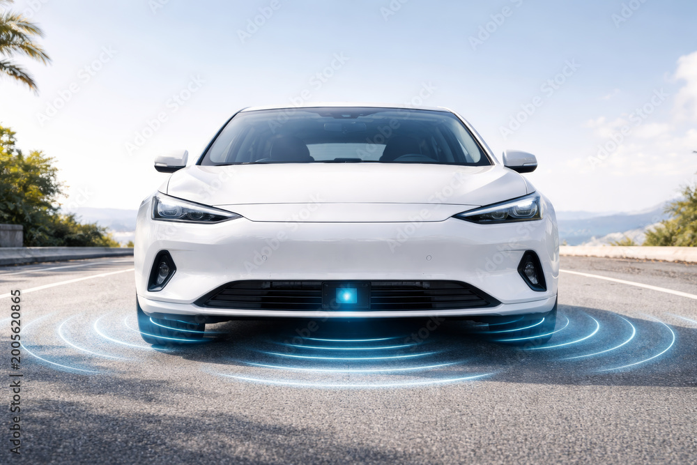Fototapeta premium Modern white electric car with advanced technology and sensors