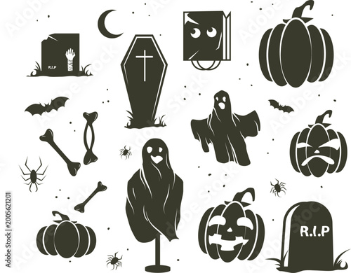 Halloween sticker set featuring spooky pumpkins ghosts tombstones bats spiders and bones for seasonal holiday decorations