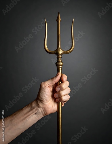 A hand grasps a golden trident against a dark background