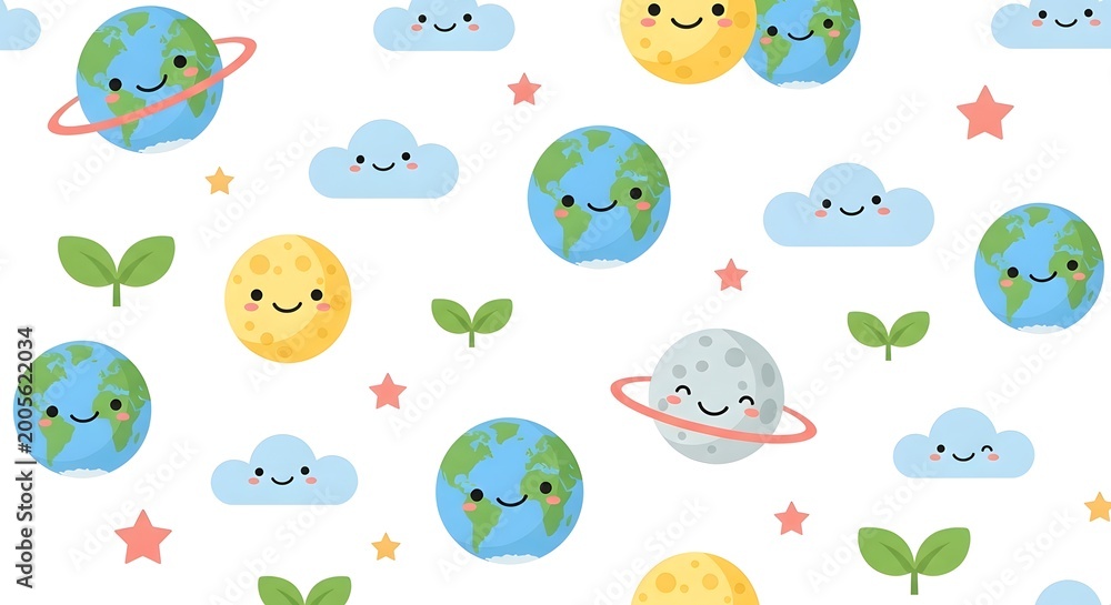 Obraz premium Cute seamless pattern with cartoon Earth planets, moons, clouds, stars, and green sprouts on a white background, perfect for children's designs.