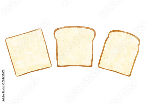 水彩風食パン3枚セットのイラスト・角型・山型・丸型 正面 真上 / Watercolor sliced bread set of 3 square round mountain shapes front view illustration