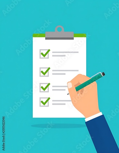 A hand holding a pen checks boxes on a clipboard