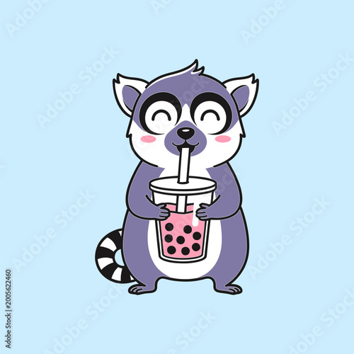 Vector image with a raccoon drinking bubble tea in a doodle style on a blue background.