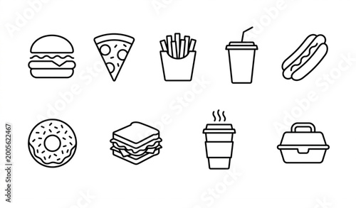 Tableau sur toile Fast Food Outline Icon Set Vector Illustration with Pizza Slice, French Fries, D