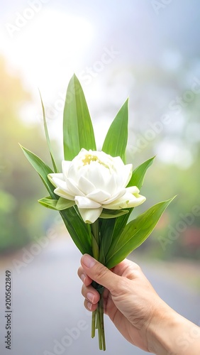 A hand holding a white flower with green leaves outdoors