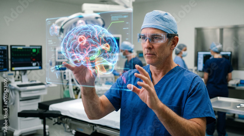 A surgeon in an operating room interacts with a digital hologram of a human brain, showcasing advanced medical technology and neurosurgical procedures.