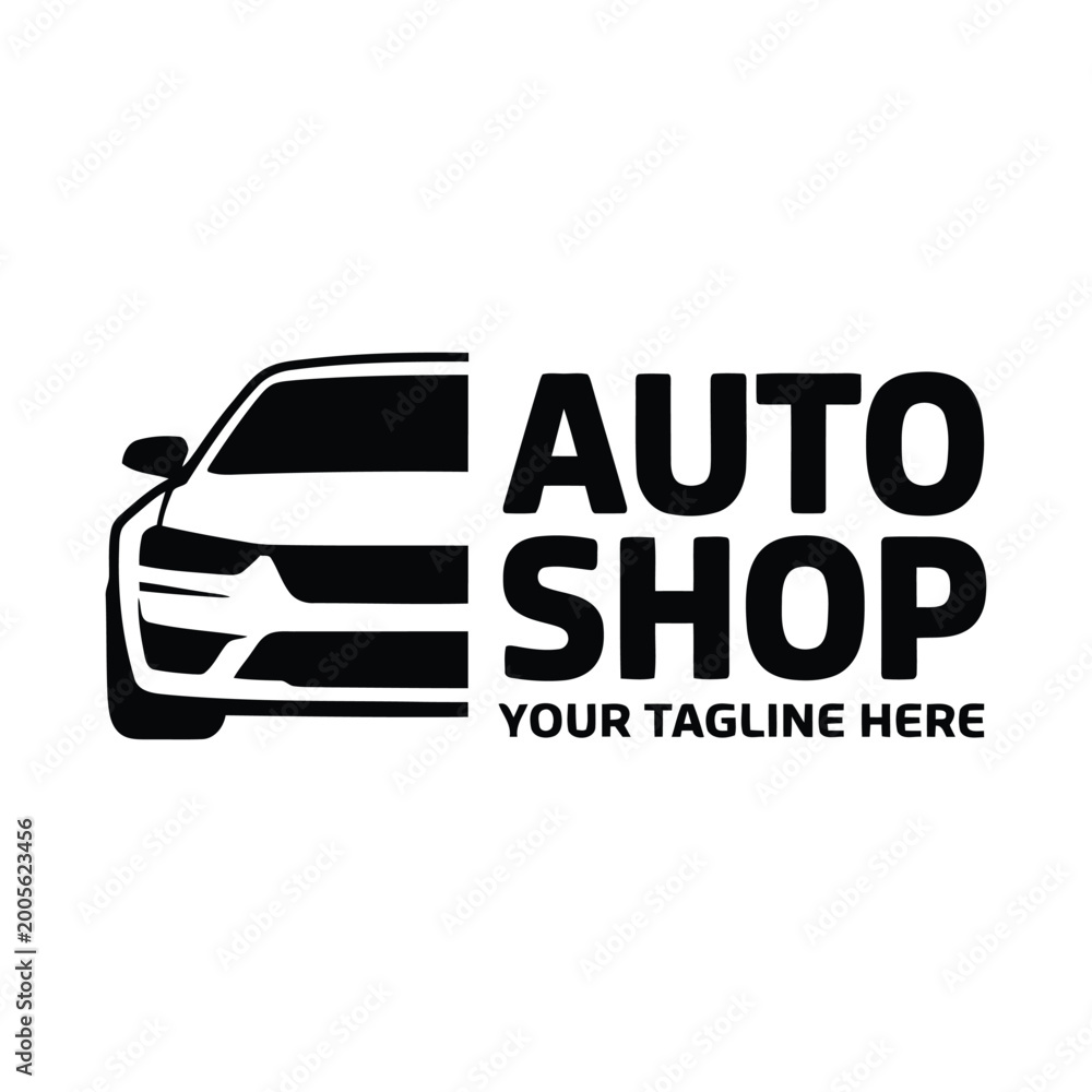 Obraz premium Auto shop logo with car front view silhouette and bold modern typography.