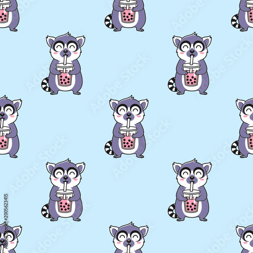 Seamless vector image with a raccoon drinking bubble tea in doodle style on a blue background.
