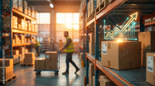 A warehouse worker moves boxes on a trolley amid shelves of packages, with a glowing rising graph overlay symbolizing growth and productivity.