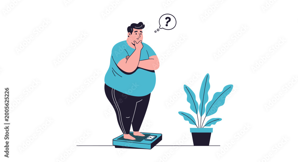 Fototapeta premium Concerned man stands on a bathroom scale while looking at his weight and wondering how to start a healthy diet and fitness routine.