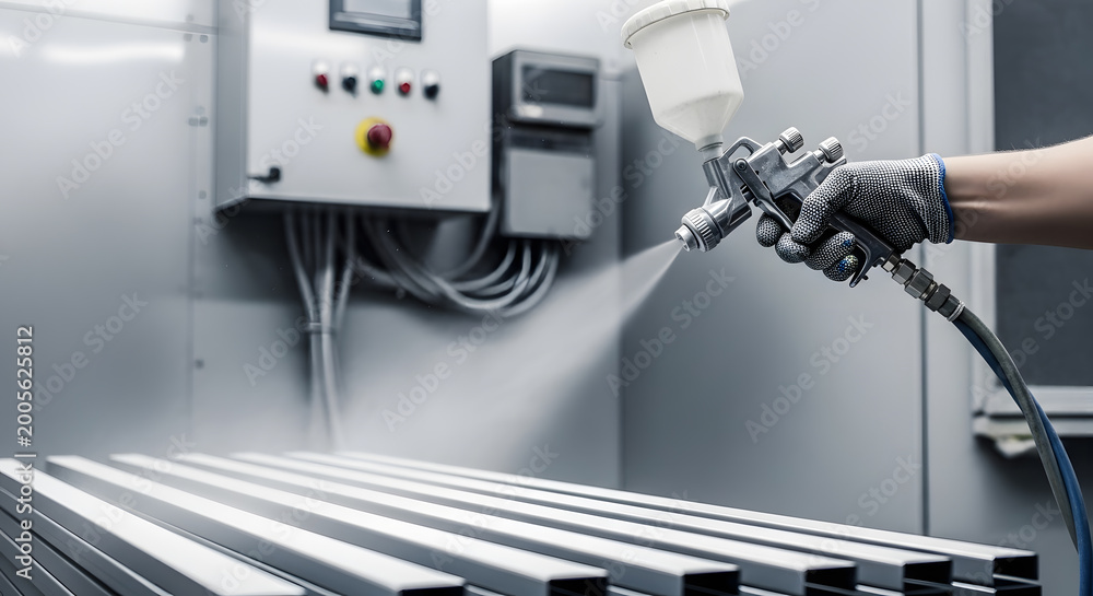 Fototapeta premium Industrial spray painting process | Professional powder coating application | Metal surface finishing treatment | Handheld spray gun in workshop