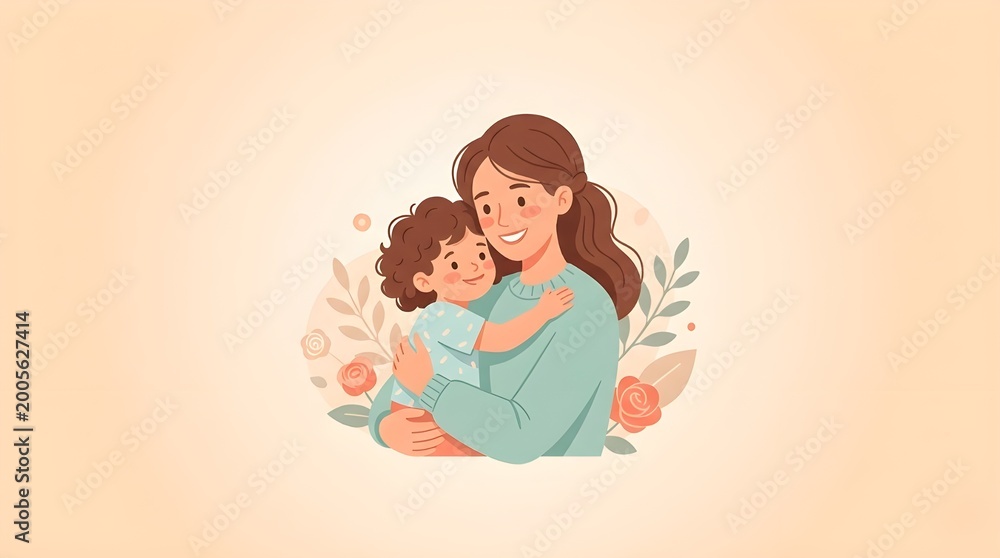 Obraz premium Happy Mother's Day Illustration, Heartwarming Scene of a Daughter Hugging Her Mother and Giving a Flower Bouquet, Loving Family Moment with Hearts and Floral Background