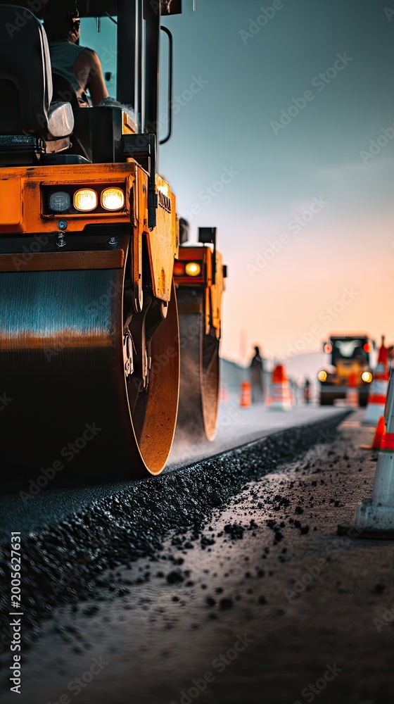 Fototapeta premium Close view of orange road roller compacting asphalt at construction site with steam and traffic cones in background